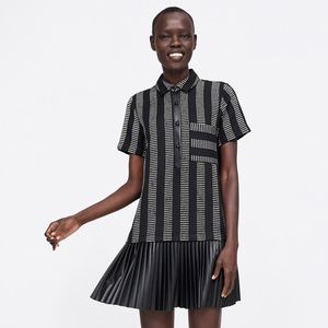 Zara woven striped dress with faux leather pleats